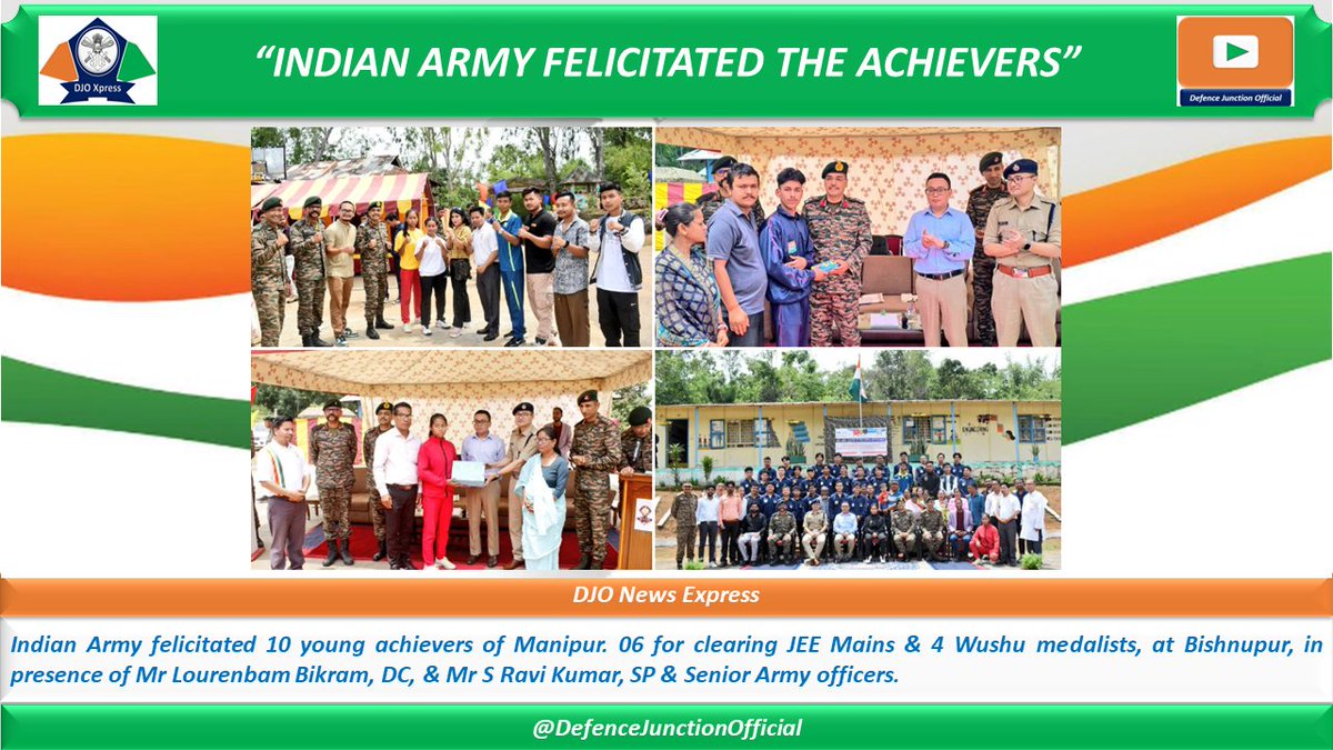 “INDIAN ARMY FELICITATED THE ACHIEVERS”

Indian Army felicitated 10 young achievers of Manipur. 06 for clearing JEE Mains & 4 Wushu medalists, at Bishnupur, in presence of Mr Lourenbam Bikram, DC, & Mr S Ravi Kumar, SP & Senior Army officers.