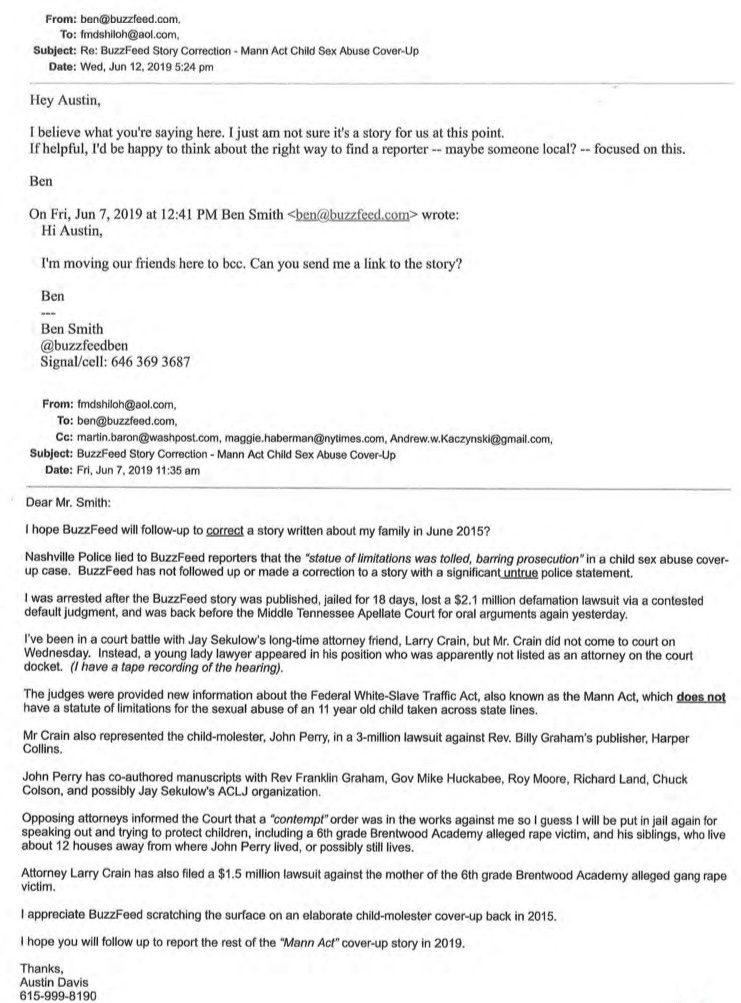 Below is an email I sent to BuzzFeed Chief Editor Ben Smith requesting false SOL info to be corrected in a 2015 BuzzFeed story. 
Wash Post Chief Editor Marty Baron, NY Times Reporter Maggie Haberman, and Ex-BuzzFeed reporter Andrew Kaczynski were also copied on the email.