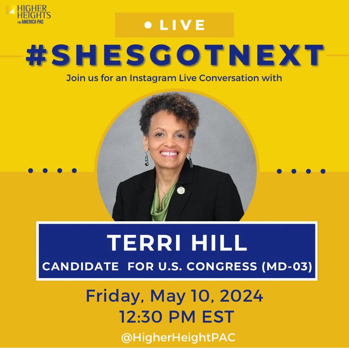 Excited to be endorsed by Higher Heights for America and to have a conversation with them on IG live Fri 12:30 on their IG page @HigherHeightPAC . Join us and find out why I’d like to represent MD-03 in Congress. I think you’ll like what you hear. #SheGotNext #WinWithBlackWomen