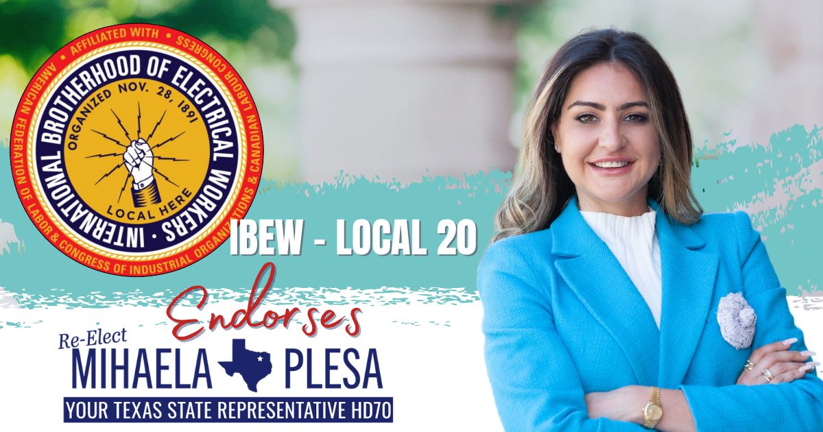 Thank you to the IBEW Local 20 union for endorsing State Rep. Mihaela Plesa.

It is crucial to support unions and labor workers in North Texas to ensure fair wages, safe working conditions, and job security for all workers. #UnionStrong