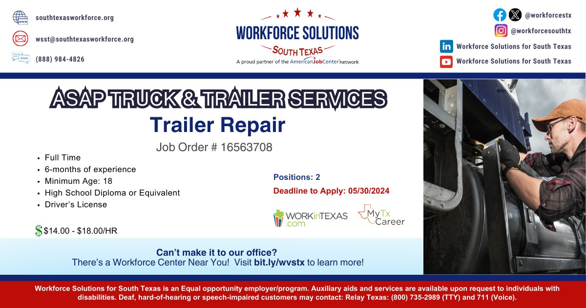 WorkInTexas - Job Listing (Trailer Repair) tinyurl.com/27bbm2ro 

#repair #trailer #morejobs #jobsnow