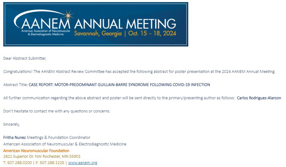 Thrilled to announce that FOUR abstracts have been accepted at the @AANEMorg Annual Meeting! 
Looking forward to share insights on GB Sx, Neuropathic symptoms in Hyperglycemic crisis, Michigan Screening test, and  a rare case of Myasthenia G! ✨🫶🏻🧠 @neurologiagye 
#AANEM2024
