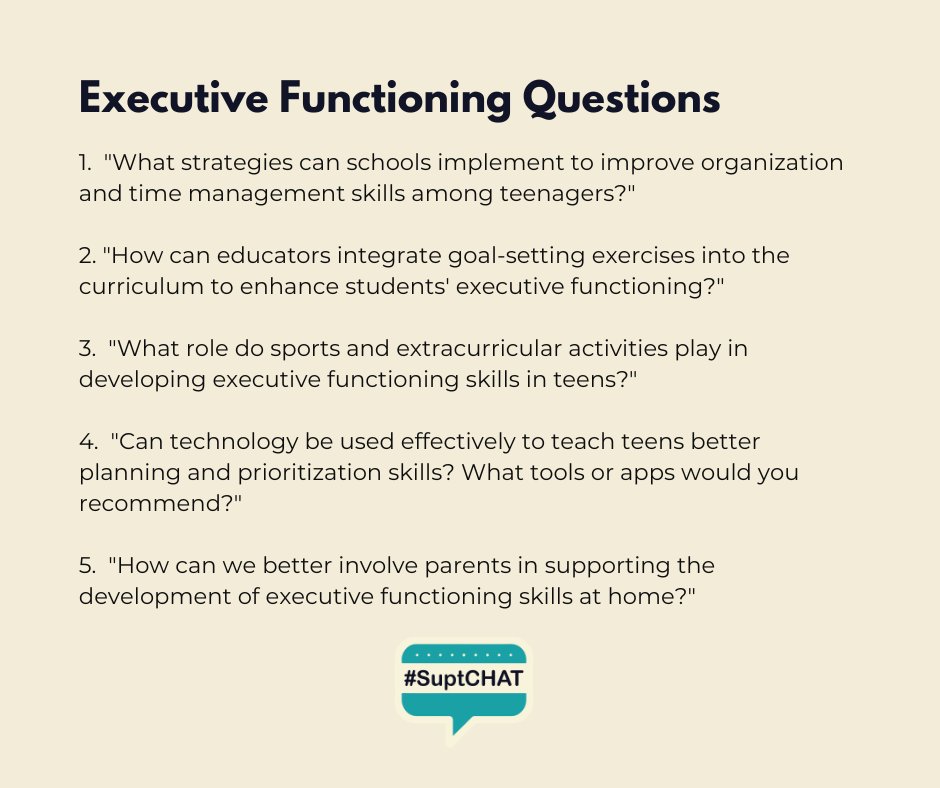 Welcome to #SuptChat 

Tonight, all of our questions are about #ExecutiveFunctioning skills in youth.  Questions are coming, remember to reply to Q1 with A1, and so on. 

@AASAHQ
