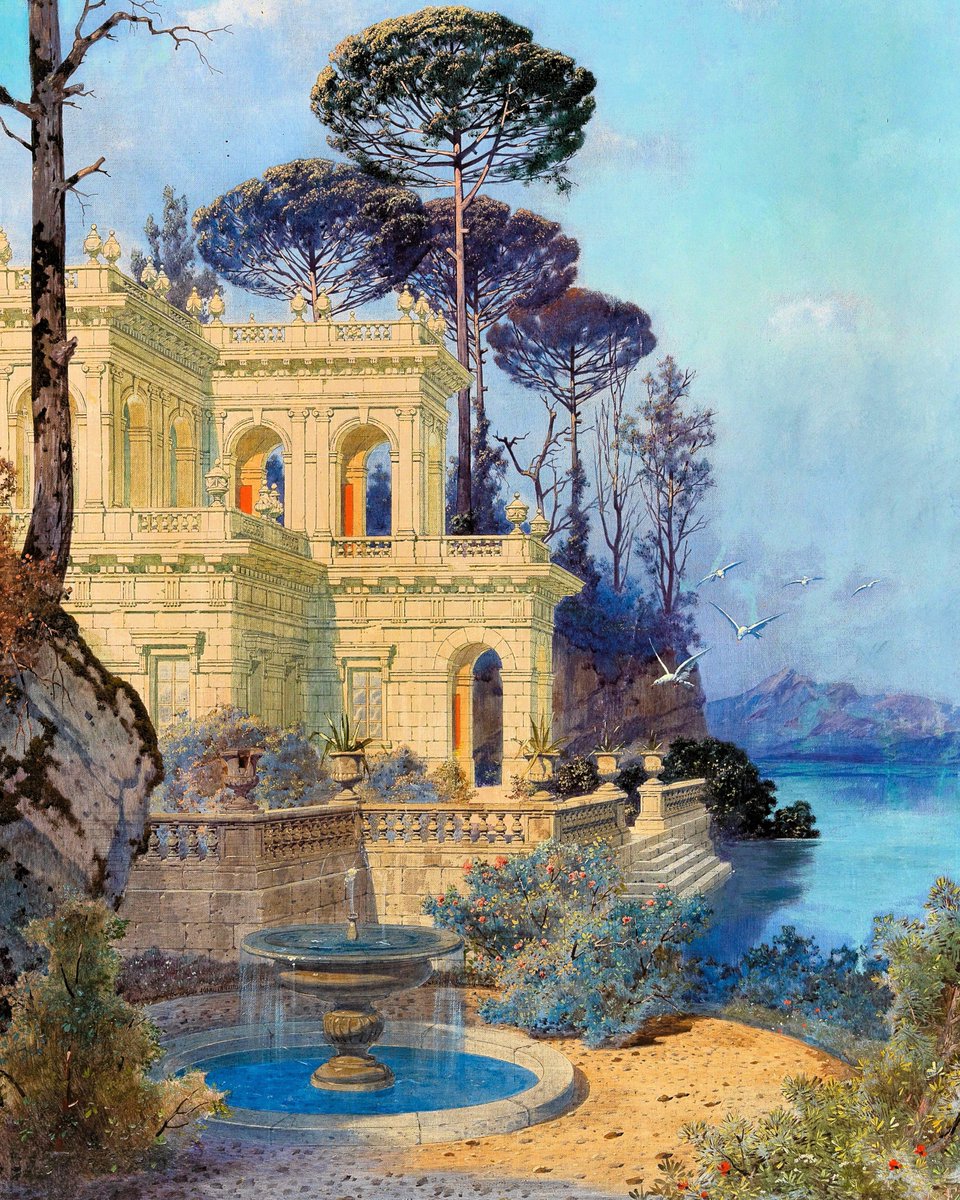 Villa, a Fountain by the Lake in the Foreground. Ferdinand Knab. (1834-1902)🖌️🌹 German Painter.