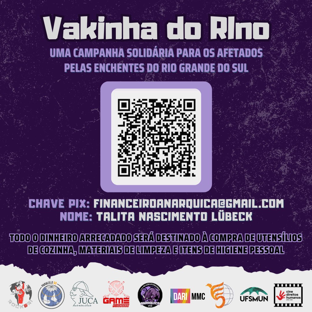 O RIO GRANDE DO SUL PRECISA DE AJUDA!🚨

A Anárquica, em parceria com os demais projetos do curso de RI, lança uma campanha de arrecadação para os afetados pelas enchentes no Rio Grande do Sul.

⚠️ ESTE É UM PIX SEGURO! ⚠️

Juntos somos mais fortes!💜