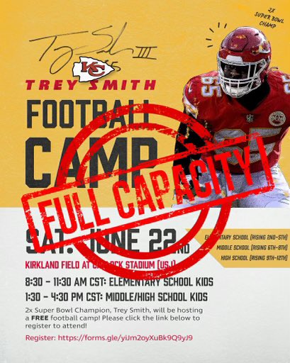 I want to thank everyone for registering for my first Football Camp. Due to the incredible response, I’ve unfortunately had to close the registration period much earlier than anticipated. Excited to see everyone there!