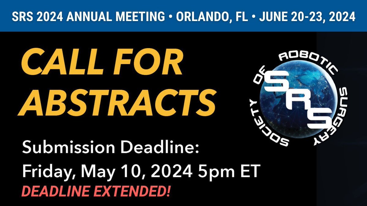 Society of Robotic Surgery | SRS (@socroboticsurg) on Twitter photo There's still time to submit your abstract for #SRS2024! Don't miss the opportunity to share your work at the #SRS Annual Meeting in Orlando in June. Deadline is this Friday, May 10!
Learn More + Submit Now: buff.ly/3TtiBXn
#roboticsurgery <a href="/vipulpatelmd/">Vipul Patel, MD</a> <a href="/RossSharona/">Sharona B. Ross</a> There's still time to submit your abstract for #SRS2024! Don't miss the opportunity to share your work at the #SRS Annual Meeting in Orlando in June. Deadline is this Friday, May 10!
Learn More + Submit Now: buff.ly/3TtiBXn
#roboticsurgery <a href="/vipulpatelmd/">Vipul Patel, MD</a> <a href="/RossSharona/">Sharona B. Ross</a>