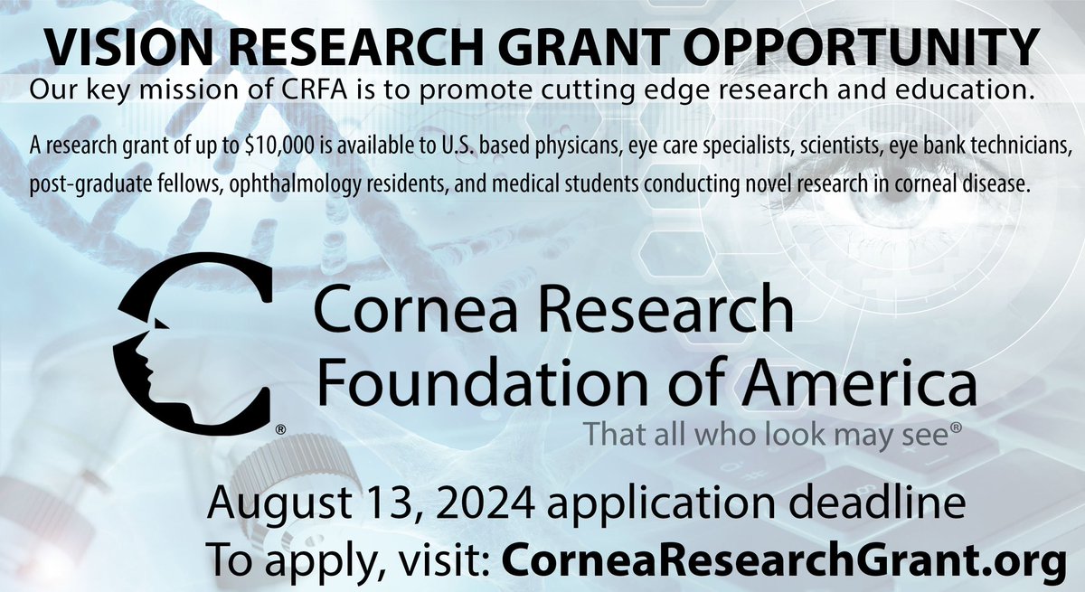 Matthew Feng, MD (@idrfeng) on Twitter photo APPLY NOW or share!
New 10k grant for cornea research
👉 CorneaResearchGrant.org
#ophthalmology #optometry #ophthotwitter #medtwitter <a href="/CorneaSociety/">Cornea Society</a> <a href="/restoresight/">Eye Bank Association</a> <a href="/ElmerTu1/">Elmer Tu</a> <a href="/bfast33/">Brandon D. Ayres</a> <a href="/RahulTonkMD/">Rahul Tonk</a> <a href="/LaniEyeDr/">AlannaN</a> @CherieEyeMD <a href="/nandinivenkatmd/">Nandini Venkateswaran</a> <a href="/DrSimonFung/">Simon Fung</a> <a href="/NaveenKRaoMD/">Naveen K. Rao, MD</a> <a href="/ClarkChangOD/">Clark Chang</a> APPLY NOW or share!
New 10k grant for cornea research
👉 CorneaResearchGrant.org
#ophthalmology #optometry #ophthotwitter #medtwitter <a href="/CorneaSociety/">Cornea Society</a> <a href="/restoresight/">Eye Bank Association</a> <a href="/ElmerTu1/">Elmer Tu</a> <a href="/bfast33/">Brandon D. Ayres</a> <a href="/RahulTonkMD/">Rahul Tonk</a> <a href="/LaniEyeDr/">AlannaN</a> @CherieEyeMD <a href="/nandinivenkatmd/">Nandini Venkateswaran</a> <a href="/DrSimonFung/">Simon Fung</a> <a href="/NaveenKRaoMD/">Naveen K. Rao, MD</a> <a href="/ClarkChangOD/">Clark Chang</a>