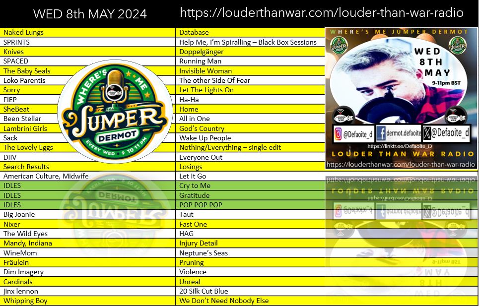 Playlist for tonight’s show on @louderthanwar Radio of #wheresmejumperdermot– @mixcloud link to follow presently – back for more on Wed 15th May – so #setyourselfaremindertotunein for 2 more hours of great music– Spread The Word linktr.ee/Defaoite_D