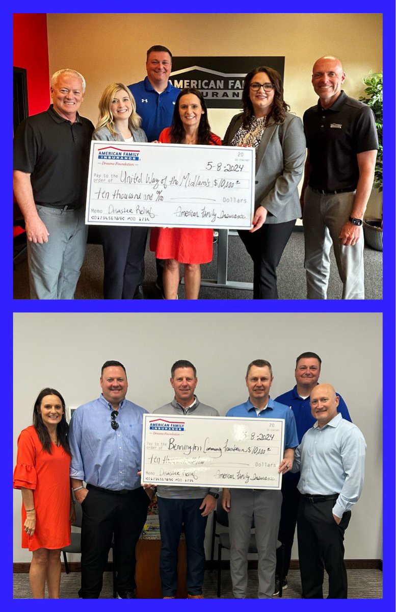 Thank you  American Family Dreams Foundation for the generous donations to the Bennington Community Foundation and the United Way of the Midlands to help support our communities after the catastrophic devastation from the severe weather and tornadoes. 
#amfam