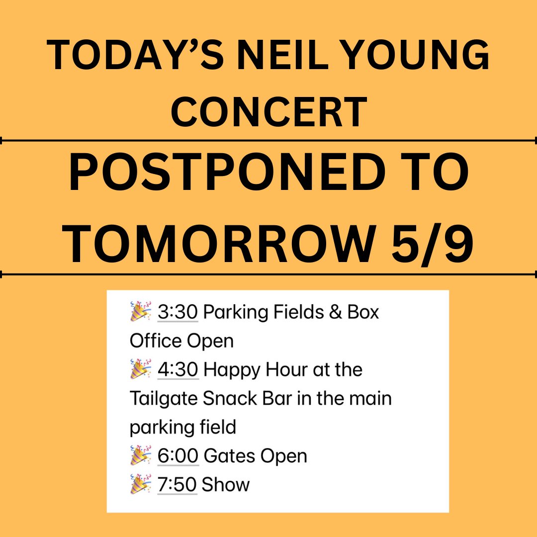 This just in: For the safety of the fans, Neil young & Crazy Horse show in Franklin, TN @firstbankamp has been rescheduled to May 9 due to severe weather conditions. Neil Young & Crazy Horse look forward to performing tomorrow evening. Today’s tickets will be honored tomorrow.