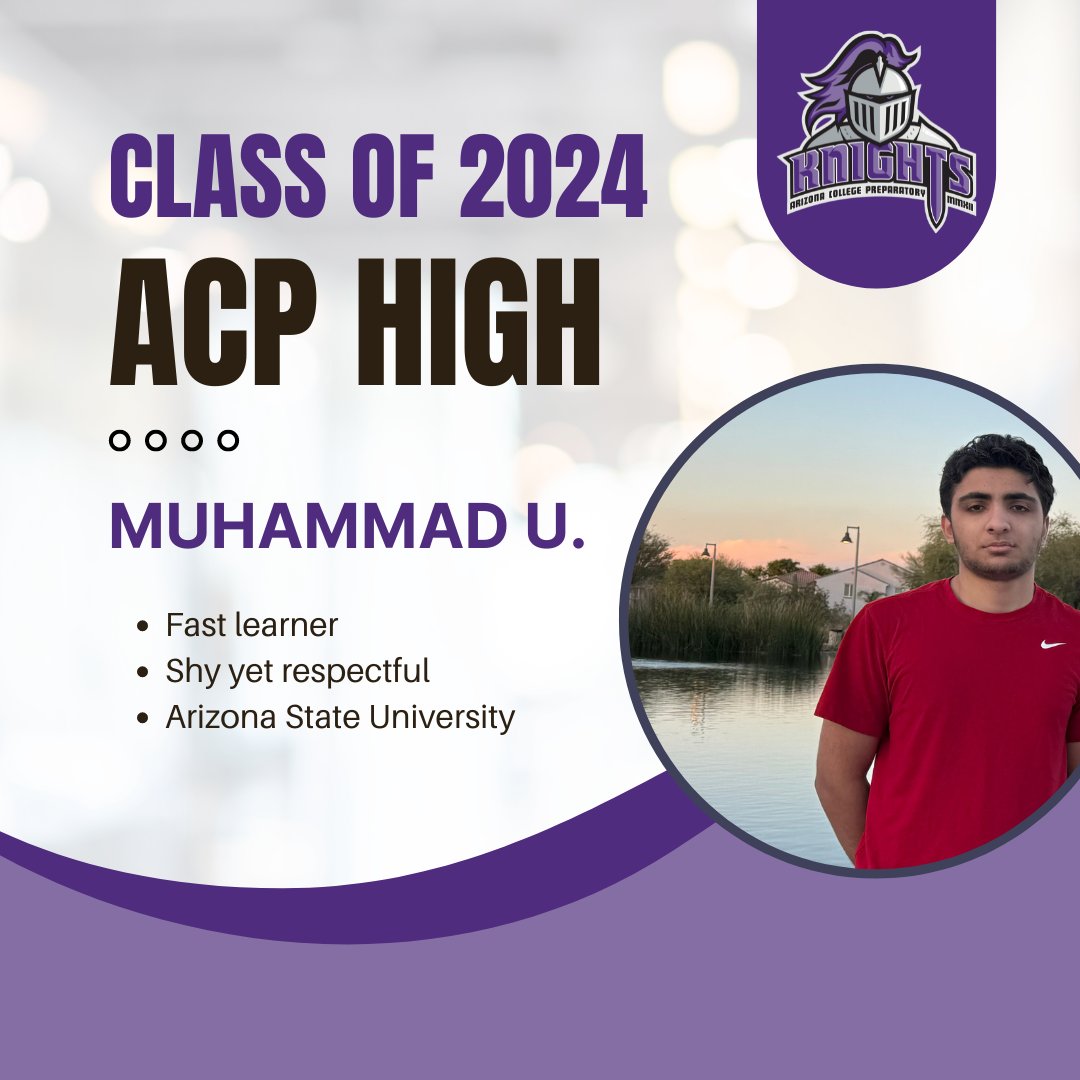Muhammad U.’s family calls him a rabbit because he does everything so quickly. He has a shy personality, but he’s very respectful and always accomplishes his goals. He will attend Arizona State University. #WeAreChandlerUnified #ACPKnights #Classof2024 @ACPKnights