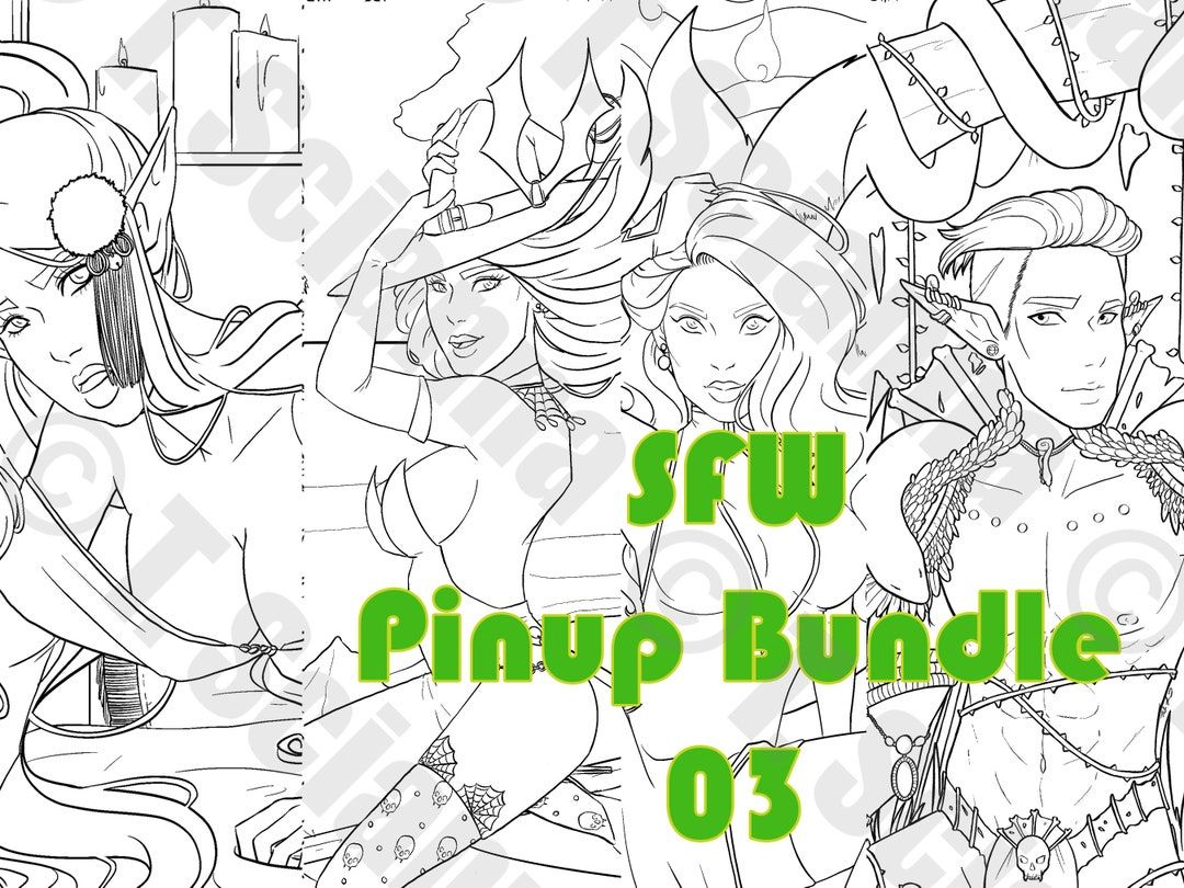 Four pinups all bundled together at a discount!! The Mystic, The Witch, The Kitsune, and the Swamp King <3 All for you! Spend some time coloring their intricate costumes and admiring their designs while supporting a small business.

#coloringpage #art