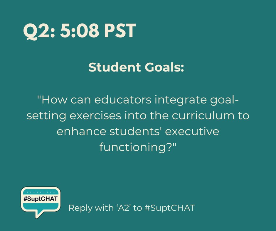 #SuptChat @AASAHQ 

Q2:  How can educators integrate goal-setting exercises into the curriculum to enhance students' executive functioning?

Reply with A2 to #SuptChat