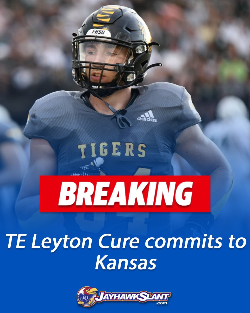 JayhawkSlant's tweet photo. BREAKING: KU has landed a commitment from tight end Leyton Cure (@leytoncure). 

KU TE coach Jeff Grimes loved what he saw on film and targeted him once Cure entered the portal. #kufball

LINK:
https://t.co/WIBw3M45JT https://t.co/B7e5i31fp4