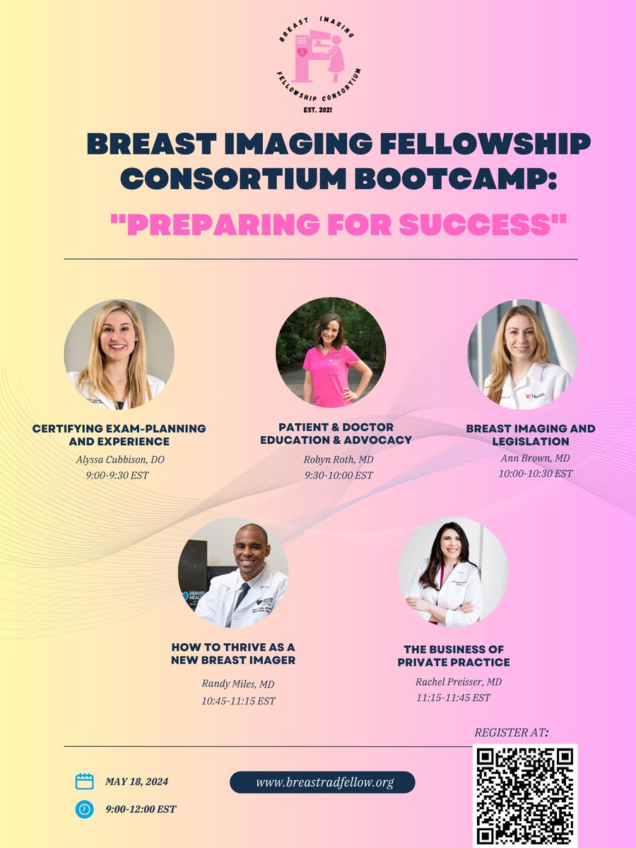 Attn Residents, Fellows and Breast rads: Breast Imaging Fellowship Consortium Bootcamp: 'Preparing For Success' Saturday, May 18, 2024 9:00 AM - 12:00 PM Register NOW! Scan the QR Code below! @RMilesMD @theboobiedocs @AnnBrownMD @AlyssaCubbison @mitvamd @RifatWahab