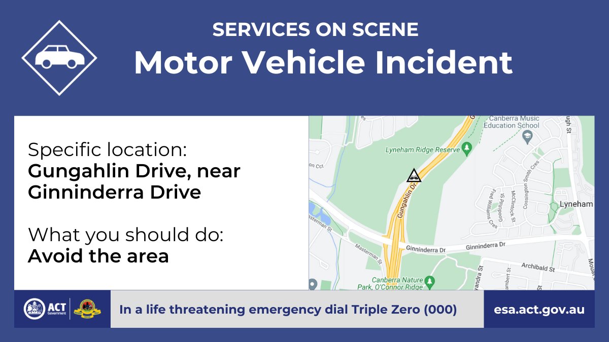 Motor Vehicle Incident - Gungahlin Drive Emergency services are in attendance at a motor vehicle incident on Gungahlin Drive, near the Ginninderra Drive intersection. ACT Ambulance Service, ACT Fire & Rescue and ACT Policing are on... esa.act.gov.au/node/6176