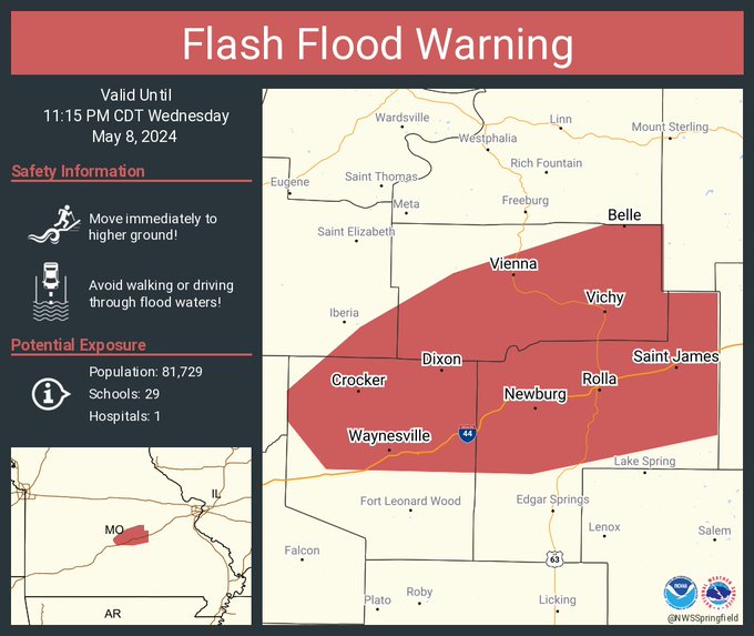 This graphic displays a flash flood warning plotted on a map. The warning is in effect until 11:15 PM CDT. The warning includes Rolla MO, Waynesville MO and Saint Robert MO. This warning is for Maries County in central Missouri, Southeastern Miller County in central Missouri, Northern Pulaski County in central Missouri and Phelps County in east central Missouri. Avoid walking or driving through flood waters! Move immediately to higher ground! There are 81,729 people in the warning along with 29 schools and 1 hospital.