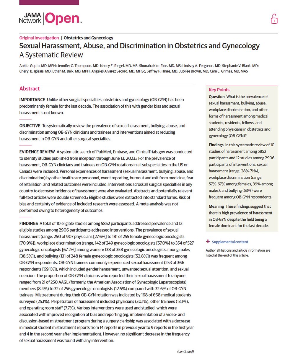 OB/GYNs report high levels of sexual harassment, according to a systematic review. This even through the profession is so overwhelmingly comprised of women. jamanetwork.com/journals/jaman…