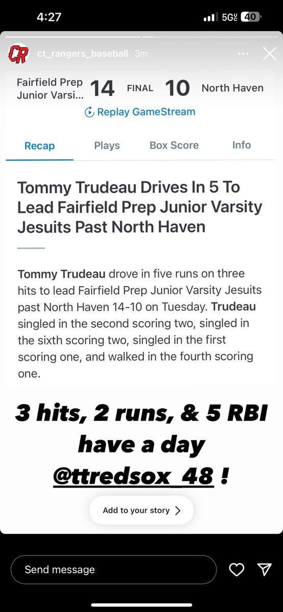 Tommy Trudeau (@tommytbaseball) on Twitter photo Great game today going 3-3 with 5 rbis two runs and two walks. Won 14-10 after 9 innings. Gotta love the win boys <a href="/CT_Rangers/">Connecticut Rangers Baseball</a> @PBR_Uncommitted Great game today going 3-3 with 5 rbis two runs and two walks. Won 14-10 after 9 innings. Gotta love the win boys <a href="/CT_Rangers/">Connecticut Rangers Baseball</a> @PBR_Uncommitted