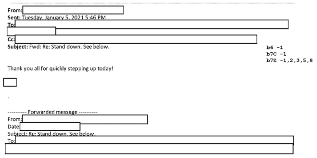 🚨Newly released FBI records include an email thread with the subject line, 'Stand down. See Below' the day before Jan. 6🚨 The vast majority of this email thread is redacted, so it's unclear what the 'stand down' order was in relation to.