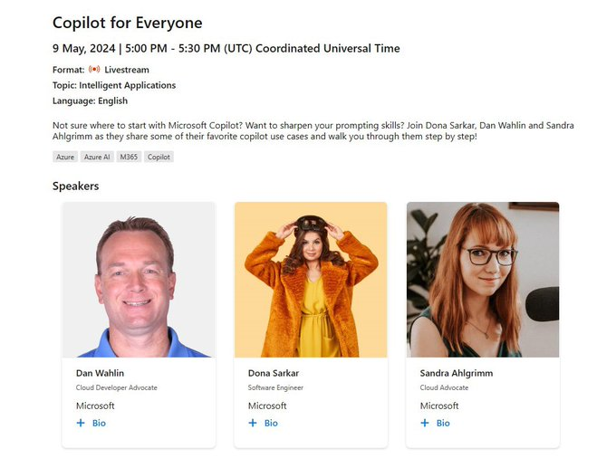Copilot for Everyone! Join @donasarkar, @sKriemhild, and myself tomorrow to learn about different use cases for Microsoft Copilot in our day-to-day jobs. We'll show 3 step-by-step tutorials! 🗓️ 10 am PST on Thursday May 9 👉 developer.microsoft.com/en-us/reactor/…