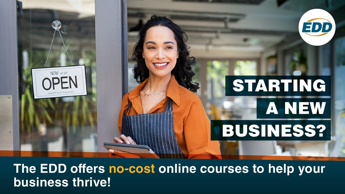 💼 Are you starting a new business and need some support?

The EDD offers no-cost online courses to help your business thrive!

➡️ Help your business and start learning today at: Edd.ca.gov/Payroll_Tax_Se…

#Webinar #Learning #SmallBusinessMonth #SmallBusinessHelp