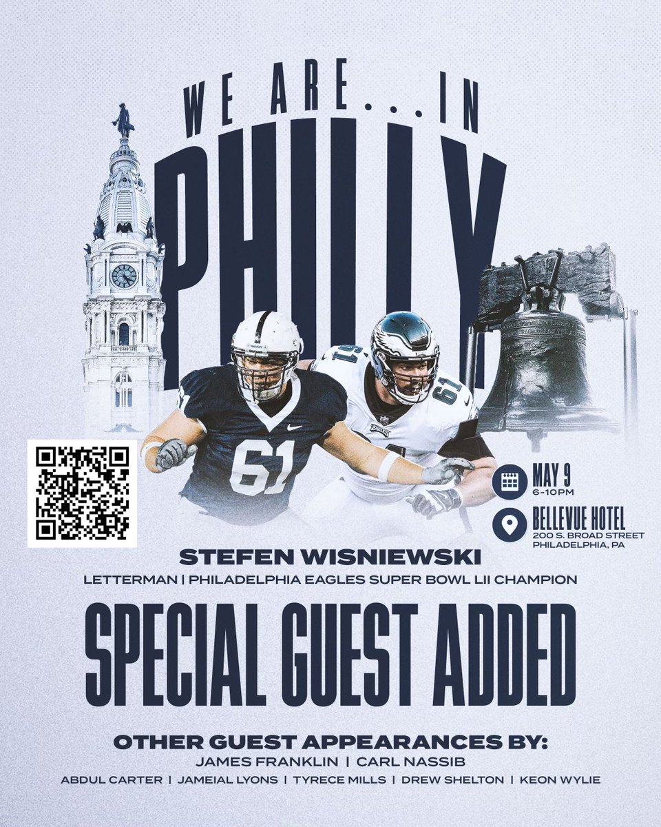 SPECIAL GUEST ADDITION🦅🦁 Two-Time Super Bowl champ and former Nittany Lion Stefen Wisniewski will be joining us in Philly tomorrow night👏 Last chance to register! All proceeds support Penn State football NIL🏈 Tickets/Sponsorships: happyvalleyunited.com/pages/we-are-i…