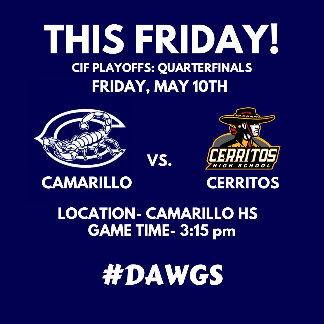MARK YOUR CALENDARS FOR THIS FRIDAY!!

Varsity takes on Cerritos HS at HOME in the Quarterfinals of CIF Playoffs. Game time will be 3:15.

Come out and support your Scorps!! We want to see YOU there! 

#DAWGS #STING