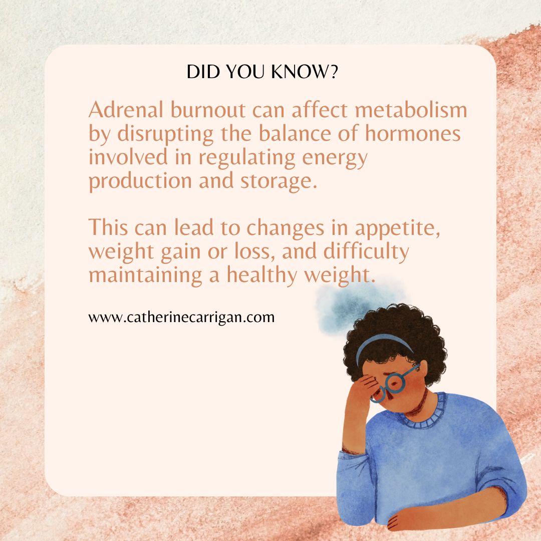Did you know? Adrenal burnout can disrupt hormone balance, impacting metabolism. This may lead to changes in appetite, weight gain/loss, and difficulty maintaining a healthy weight. #AdrenalHealth #Metabolism