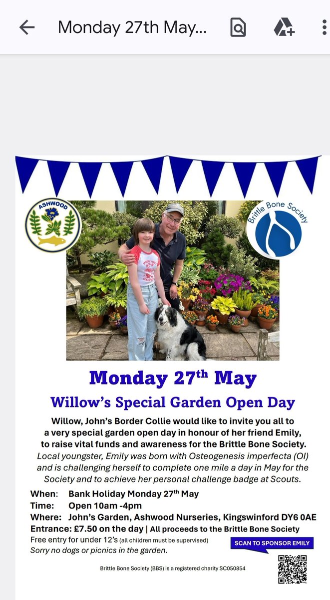 Monday 27th May @JohnsGardenAsh is open in aid of @BrittleBoneUK inspired by recent visitor Emily, who was born with Osteogenesis imperfecta (OI). Emily is currently walking one mile each day to earn her personal challenge badge at scouts. @ITVCentral @bbcmtd