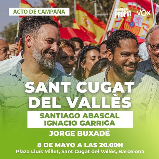 #DiarioDeCampaña
¡Nos vemos en #SantCugat, acompañando a Ignacio Garriga y Santiago Abascal!
 8 de mayo