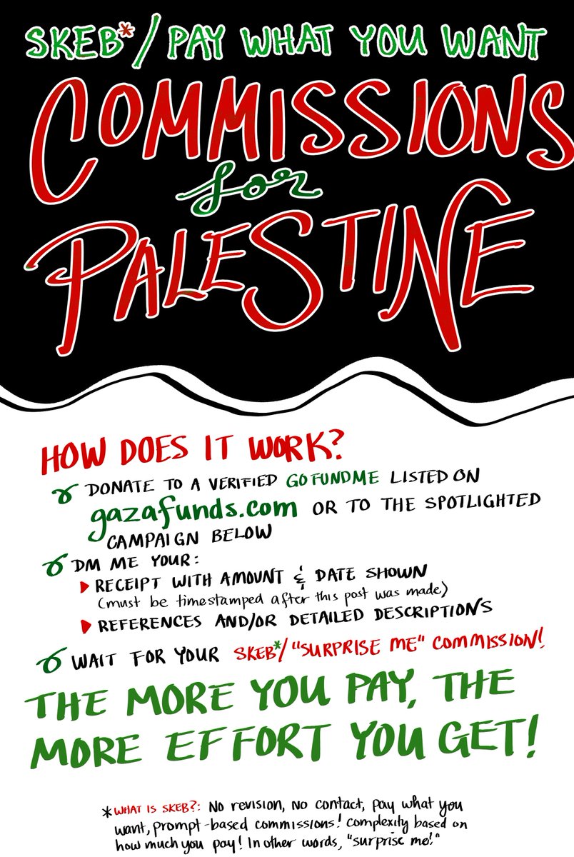 have you ever wanted me to draw something for you? now is your best chance! i am opening COMMISSIONS FOR PALESTINE! 👇