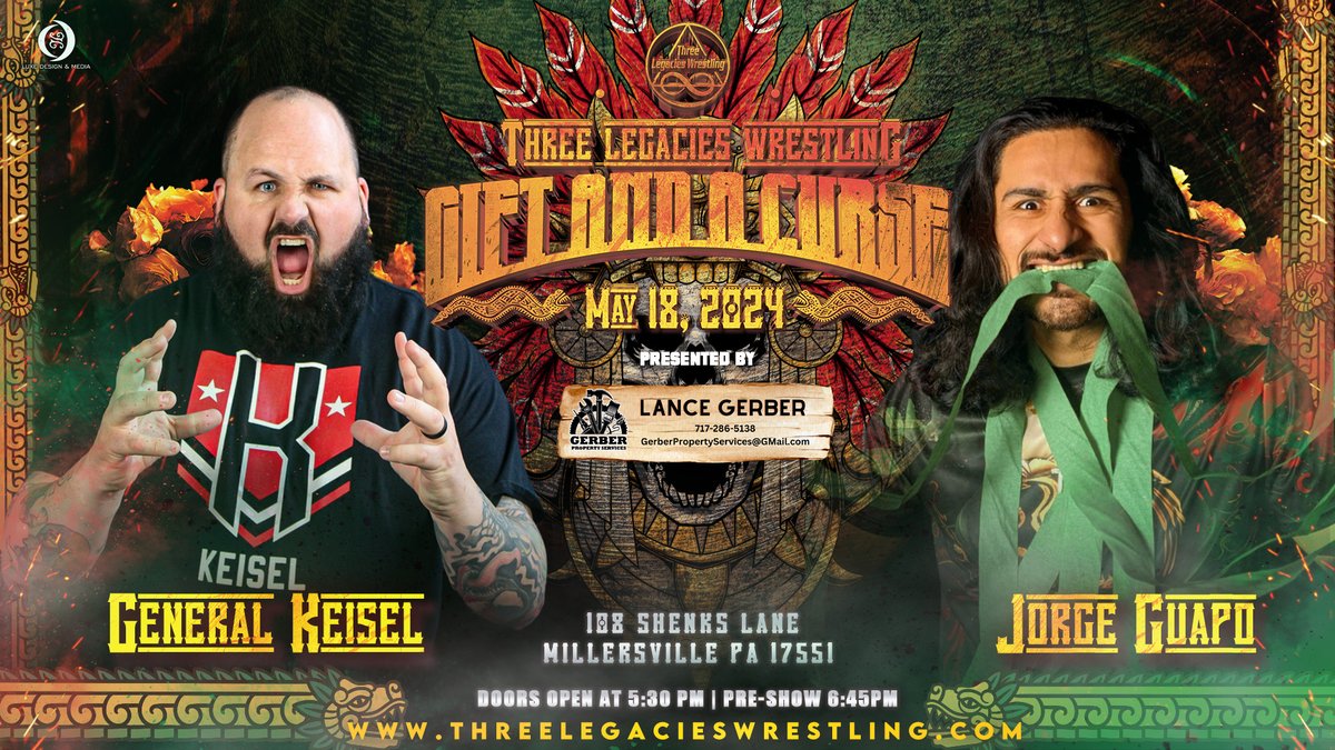 🚨Match Alert🚨 The May 18, Gift and a Curse pre-Show Match will be General Keisel vs the debuting Jorge Guapo presented by Gerber Property Management threelegacieswrestling.ticketspice.com/gift-and-a-cur…