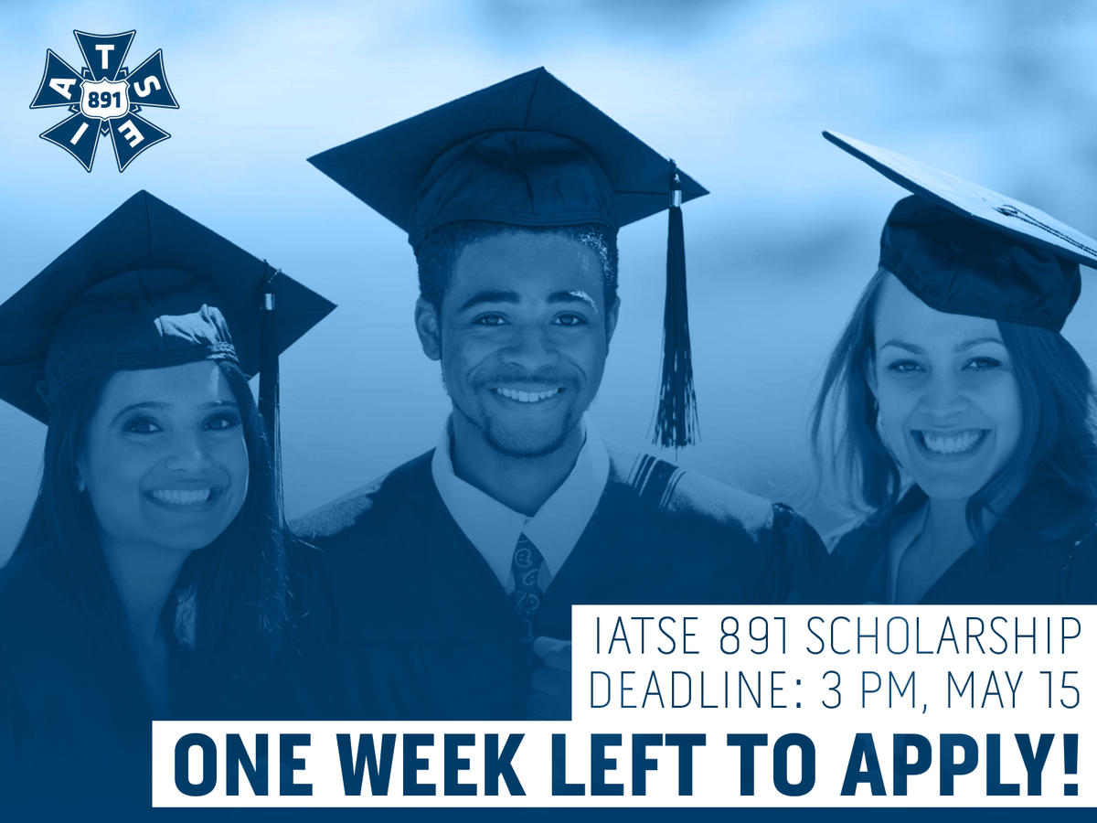 Attention members: there is only one week left to apply for IATSE 891 Scholarships! 20 scholarships of $5,000 each are available, and you have until May 15 to apply! More info: iatse.com/benefits/schol…