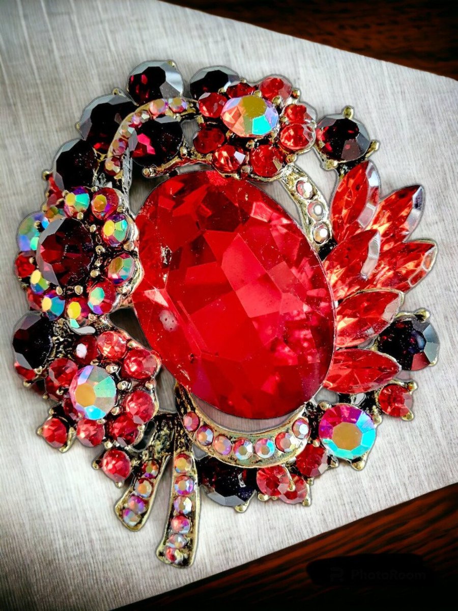 Brilliant Red Floral Cluster Brooch, AB & Marquis Rhinestones, Gold Tone, Vintage by RenaissanceFair dlvr.it/T6cXPZ