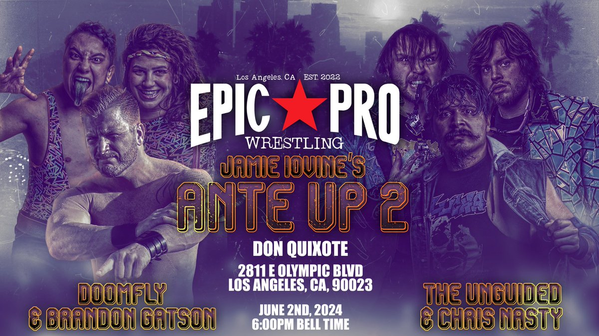 June 2nd @donquixotela Los Angeles @Jamie_iovine’s Ante Up 2 Chris Nasty teams with The Unguided to face Brandon Gatson and DoomFly! All ages! Full bar for fans 21+ w/ ID! Get your tickets now! Front Row: $40 GA: $30 dice.fm/event/6gw9q-ja…