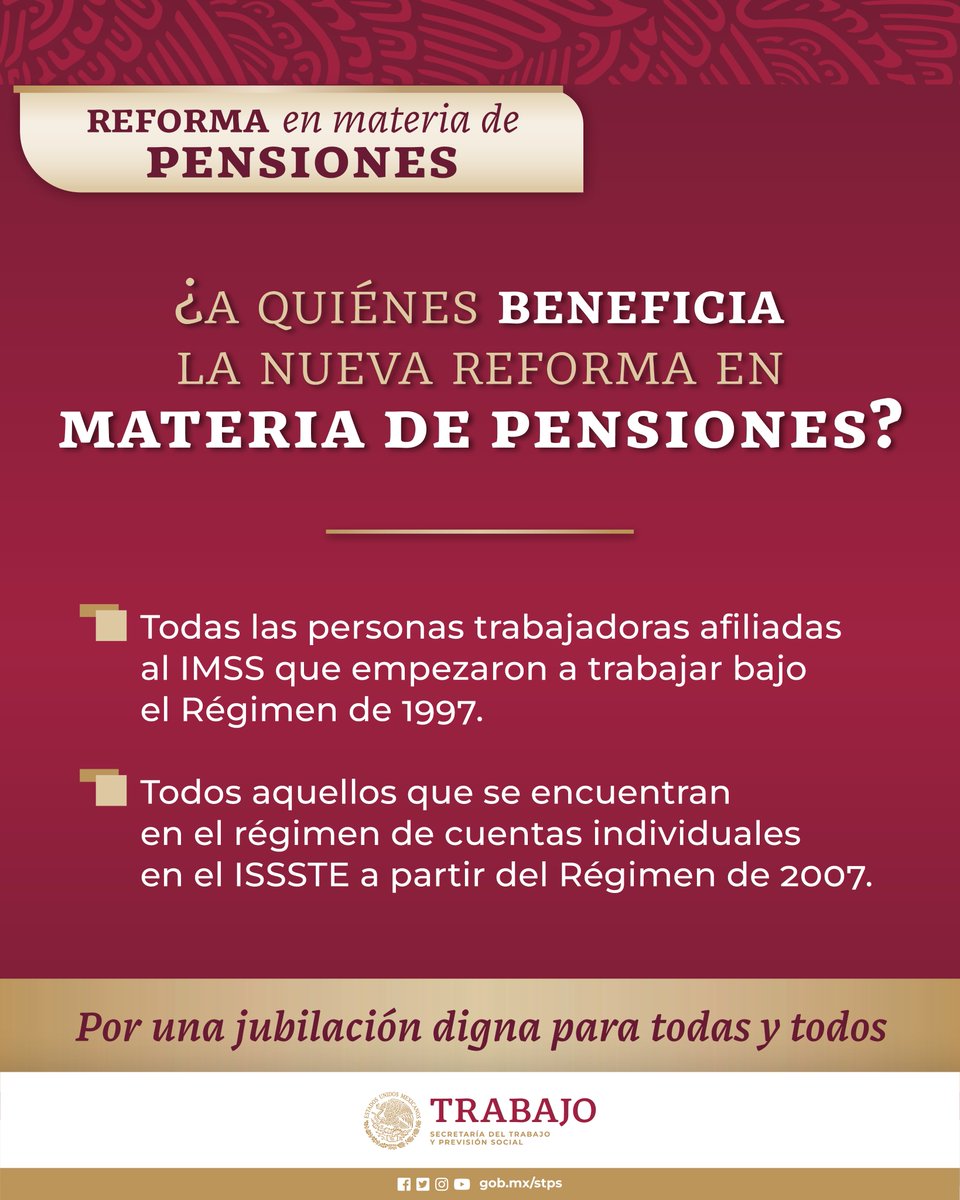 🟢La Reforma en materia de pensiones está pensada para garantizar que las nuevas generaciones reciban el 100% de su salario cuando se jubilen. 👉Si estás afiliado al @Tu_IMSS o @ISSSTE_mx, debes de conocer la siguiente información.
