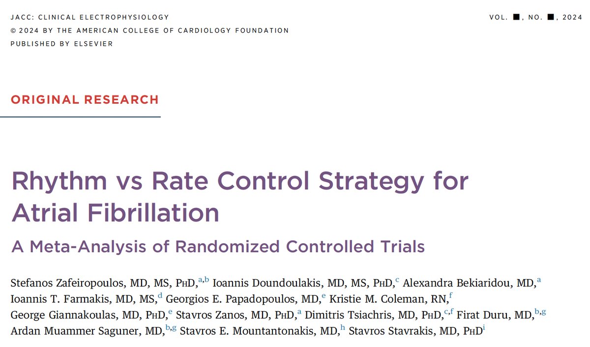 Our latest meta-analysis in @JACCJournals shows that among patients with AF, a rhythm control strategy, particularly ablation, leads to reduced CV mortality, HF events, and stroke compared with a rate control strategy. jacc.org/doi/10.1016/j.…