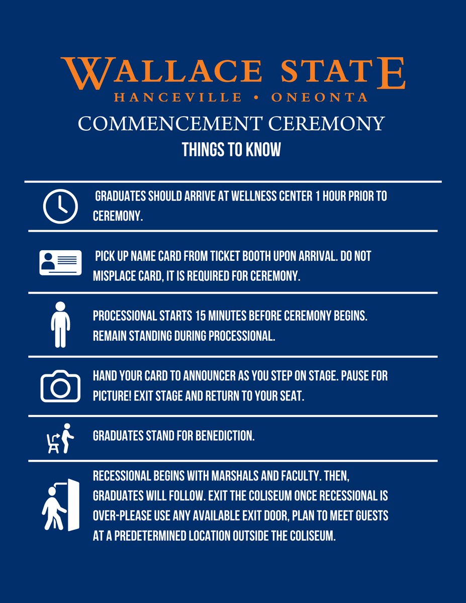 Can you believe graduation is less than two days away?? Here are important things to know for our commencement ceremonies! Academic & Applied Tech ceremony begins at 10 a.m. & Health Science ceremony at 2 p.m. (both in the Coliseum) Live stream youtube.com/wallacestate