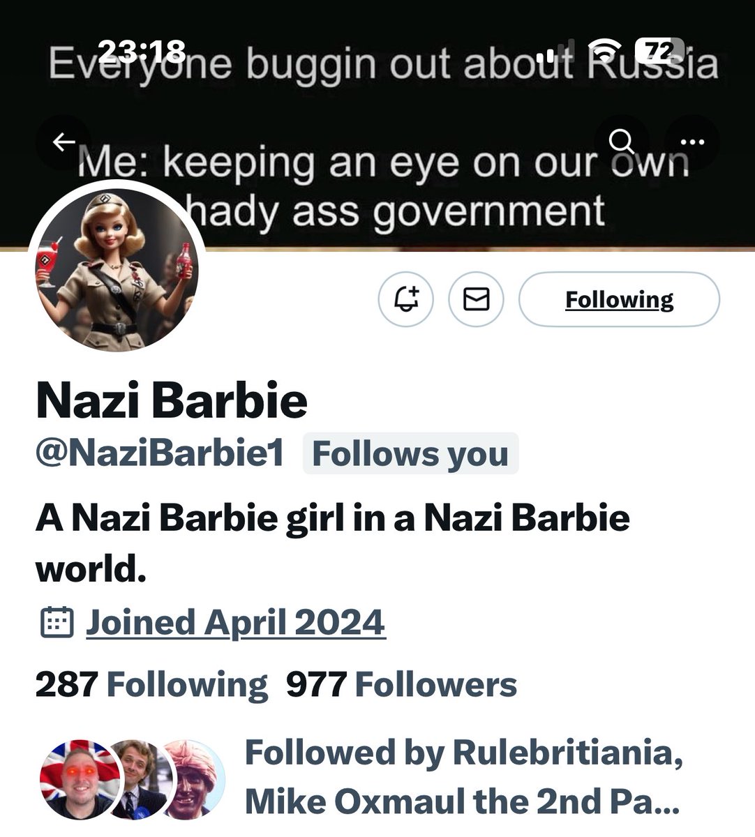 This is my alt account. @NaziBarbie1 Give it a follow, as I won’t be around on this one forever! I named myself after what the left love to call me. 😜 I’ll follow all back slowly, don’t want to upset the algorithm 🏴󠁧󠁢󠁥󠁮󠁧󠁿🏴󠁧󠁢󠁥󠁮󠁧󠁿🏴󠁧󠁢󠁥󠁮󠁧󠁿🏴󠁧󠁢󠁥󠁮󠁧󠁿🏴󠁧󠁢󠁥󠁮󠁧󠁿🏴󠁧󠁢󠁥󠁮󠁧󠁿🏴󠁧󠁢󠁥󠁮󠁧󠁿🏴󠁧󠁢󠁥󠁮󠁧󠁿🏴󠁧󠁢󠁥󠁮󠁧󠁿