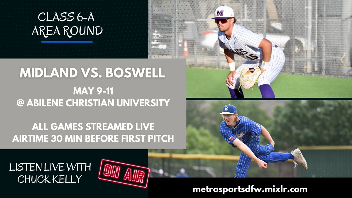 🚨 BROADCAST ALERT 🚨

Class 6A Area Round ⚾️ action between <a href="/BaseballBoswell/">Boswell Baseball</a> &amp; <a href="/MHSDawgBsbl/">Midland High Baseball</a> will be streamed live with professional play-by-play coverage. 

Airtime is 30 min before first pitch with <a href="/ChuckKellypbp/">Chuck Kelly</a> on the call 🎙️

Listen on Mixlr app or MetroSportsDFW.mixlr.com !!