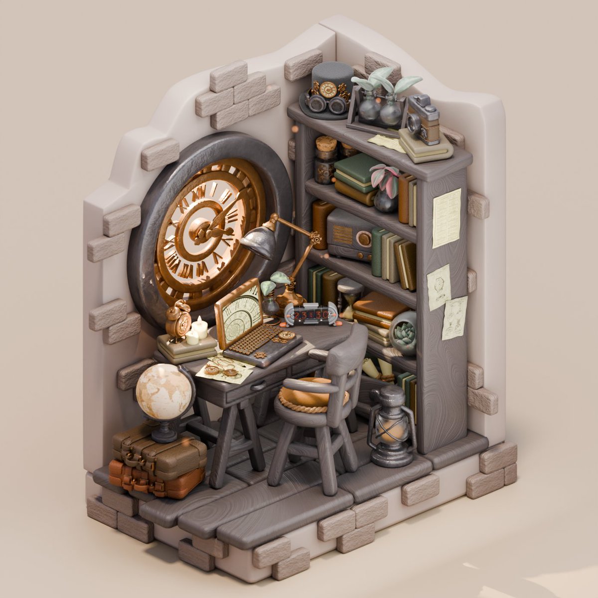 Excited to unveil my latest collaboration with @divoom 🤎 Behold this mesmerizing 3D illustration depicting an isometric chamber nestled within the tower, where every detail whispers tales of time and adventure. 🏰💼 

#Blender #B3D #3DArt