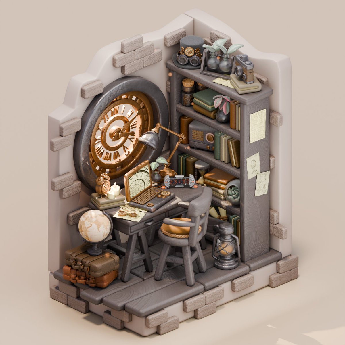 sysinacgi's tweet image. Excited to unveil my latest collaboration with @divoom 🤎 Behold this mesmerizing 3D illustration depicting an isometric chamber nestled within the tower, where every detail whispers tales of time and adventure. 🏰💼 

#Blender #B3D #3DArt