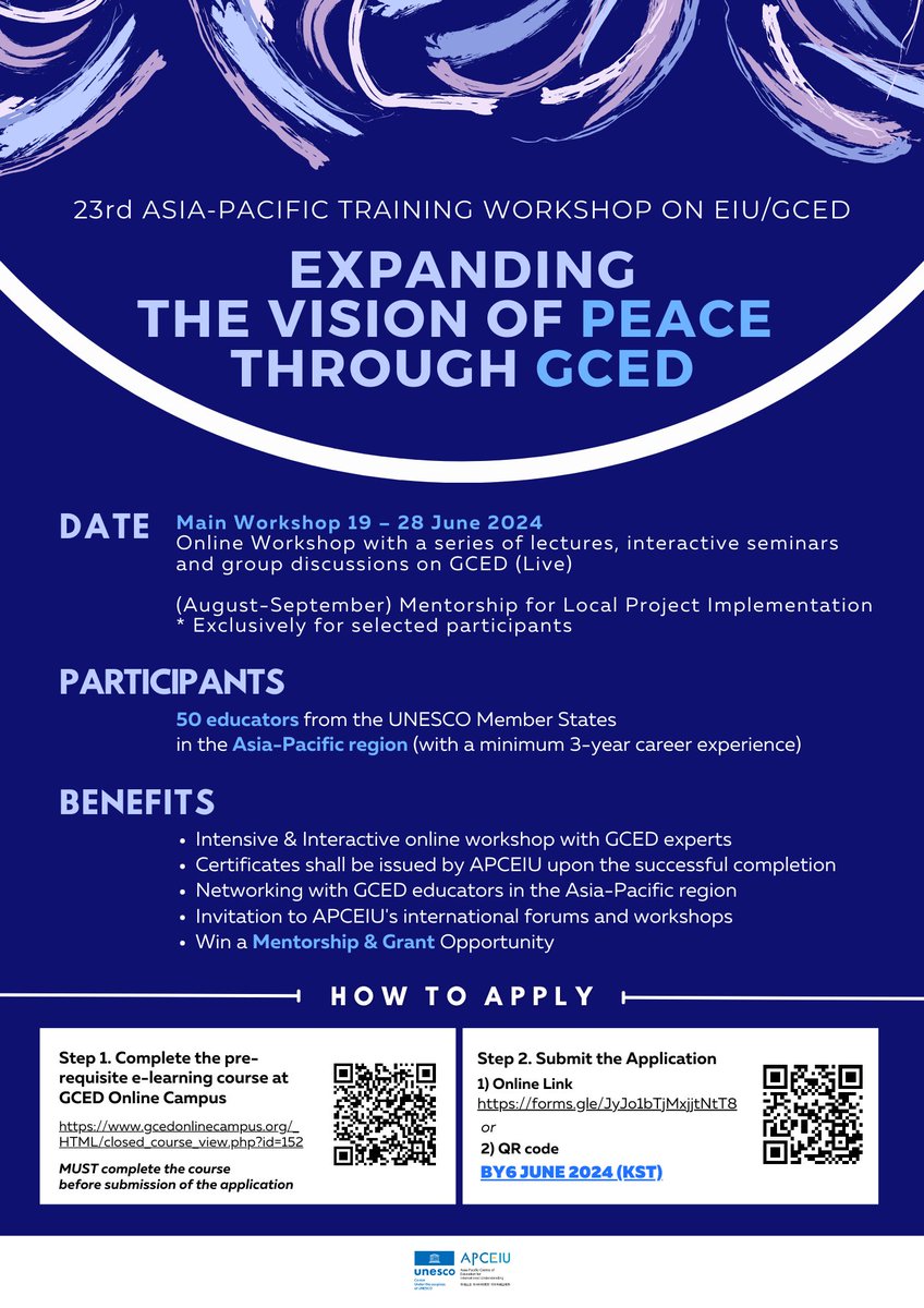 APCEIU is presenting their interactive online workshop: Expanding the vision of peace through GCED June 19th - 28th. This is a prerequisite course for the 23rd Asia-Pacific Training Workshop on EIU/GCED. More details in the poster or at gcedonlinecampus.org/_HTML/closed_c… .