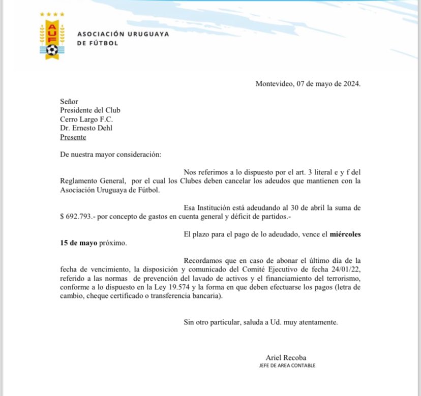 🔥 #CerroLargo

☑️ En el día de hoy, @ernestodehl a quien está dirigido la notificación y @CerroLargoFc abonaron $692.793 por déficit de partidos

❌ Lamentablemente ya se hace insostenible los costos del @CampeonatoAUF , no hay más gente en las tribunas, no hay ingresos, etc…