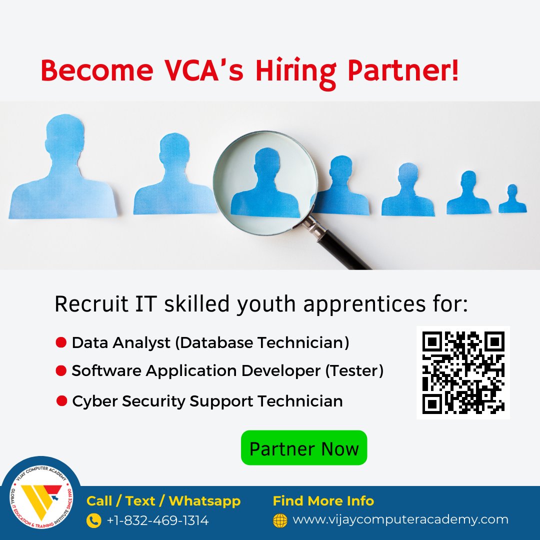 Become VCA's Hiring Partner! Inviting businesses, organizations and corporations to support VCA's Youth Apprenticeship & Pre-Apprenticeships. Enroll in the info session event zurl.co/ah1g 📆 Thursday, May 9 ⏰ 11 - 11:30am CEST Become our partners.