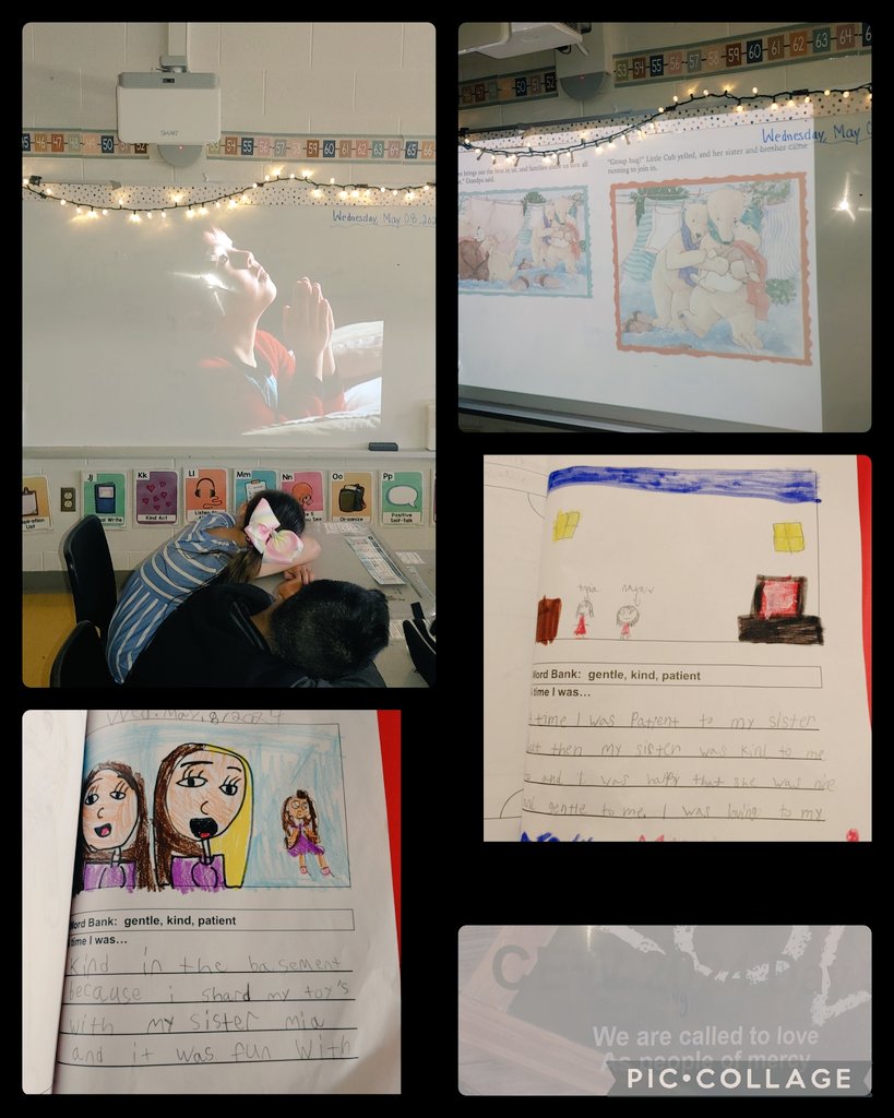 CEW Day 3: We Are Called to Love As People of Mercy.  Today we celebrated the story "God Gave Us Love" and Ss wrote about a time they showed kindness, patience or gentleness. After meditating and singing, we joined in prayer for the province wide mass. <a href="/SebastianDPCDSB/">StSebastianDPCDSB</a>