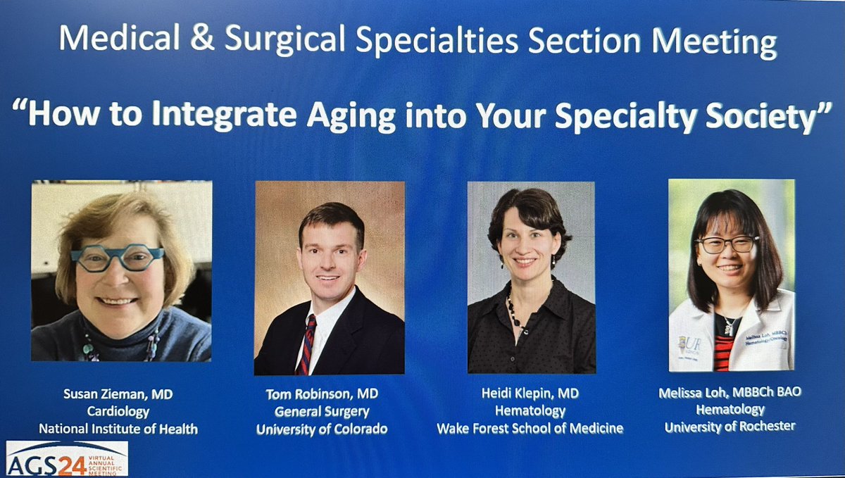 Please join us #AGS24 for the Medical and Surgical Specialty section May 9, 2024 10-11am ET Learn from this esteemed panel How to Integrate Aging into Your Specialty Society— all welcome! @LFerranteMD @HKlepinMD @MelissaLoh21 @NIHAging @LonaMody