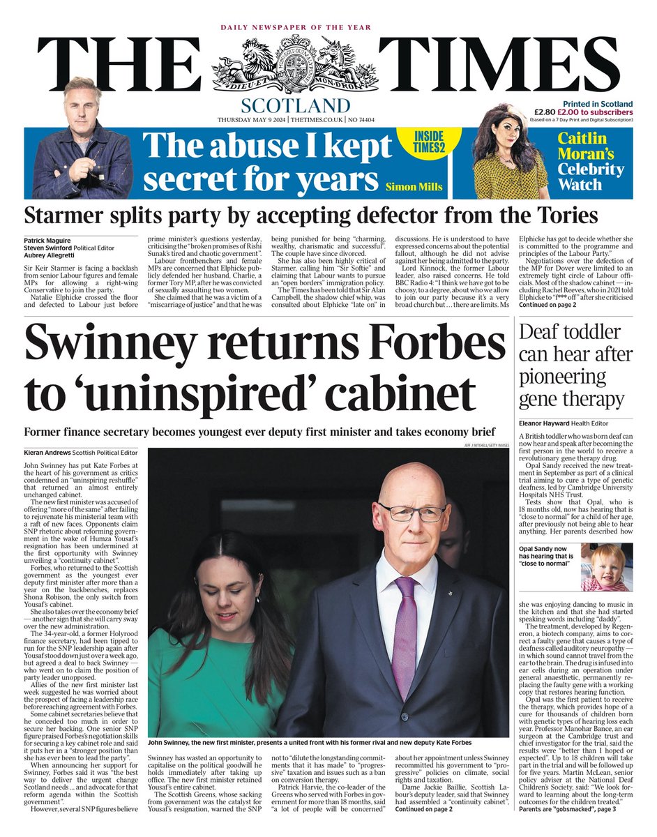TIMES SCOTLAND: Swinney returns Forbes to ‘uninspired’ cabinet #TomorrowsPapersToday